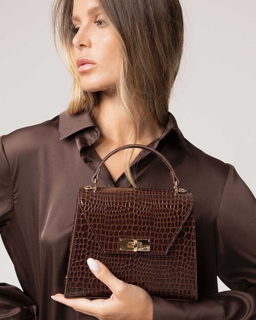 Dark brown mini bag with crocodile print, DK BROWN