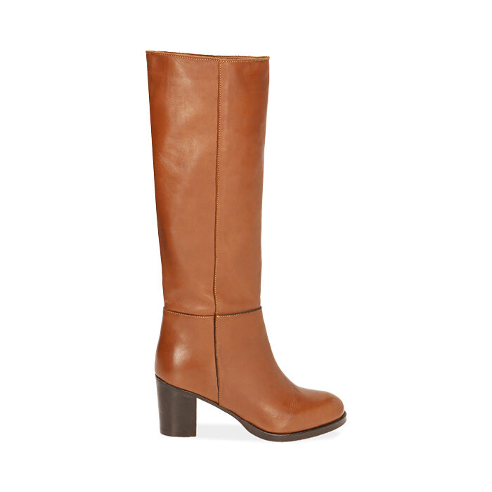 Botas para mujer coñac de cuero, tacón 7 cm | Primadonna Collection