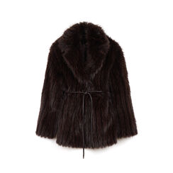 Giacca in pelo sintetico color testa di moro con cintura, Primadonna, 266500476FUMOROM, 001a