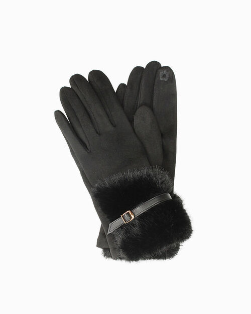 Gants noirs avec bord en fourrure synth&eacute;tique, BLACK