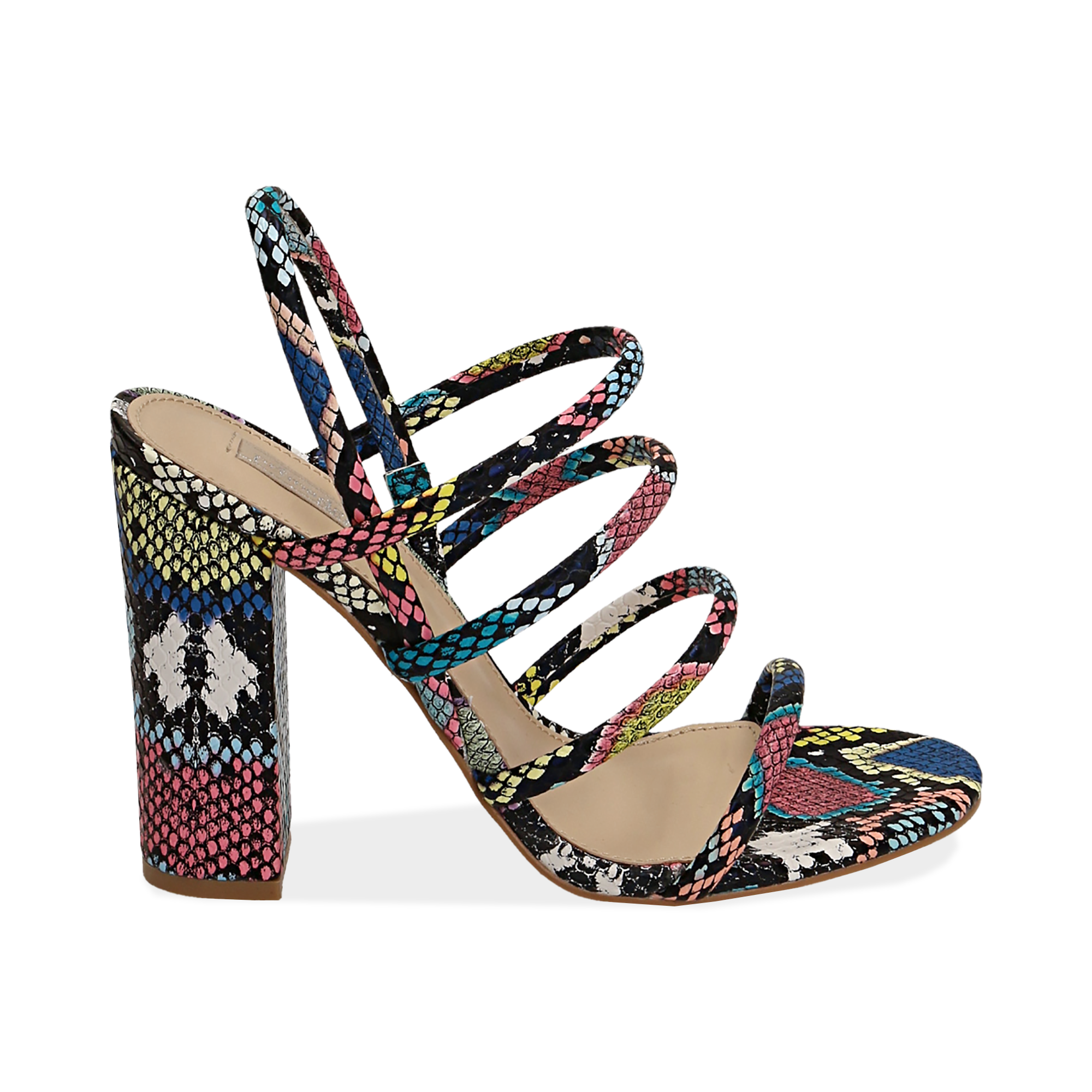 Sandalias en eco-piel con estampado de serpiente color negro/azul marino,  tacón 10,5 cm | Primadonna Collection