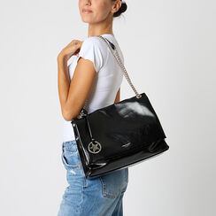 Borsa a spalla nera lucida con tracolla a catena, Primadonna, 265700583EUNEROUNI, 002a