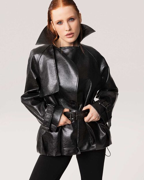 Trench noir Brillant avec ceinture, BLACK