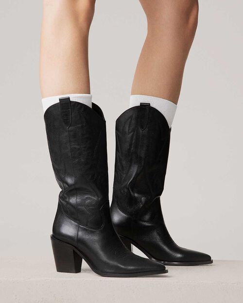 Stivali texani neri in pelle tacco 8,2 cm, BLACK