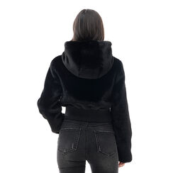 Cappotto corto nero in pelo sintetico con cappuccio, 246576307FUNEROL, 002a