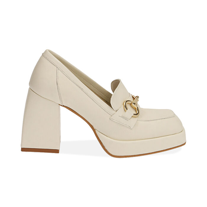 Mocassini panna in pelle, tacco 9 cm , Primadonna, 19L640051PEPANN039