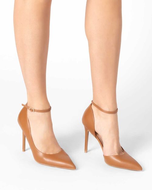 D&eacute;collet&eacute; donna cognac con cinturino, tacco 11 cm, COGNAC