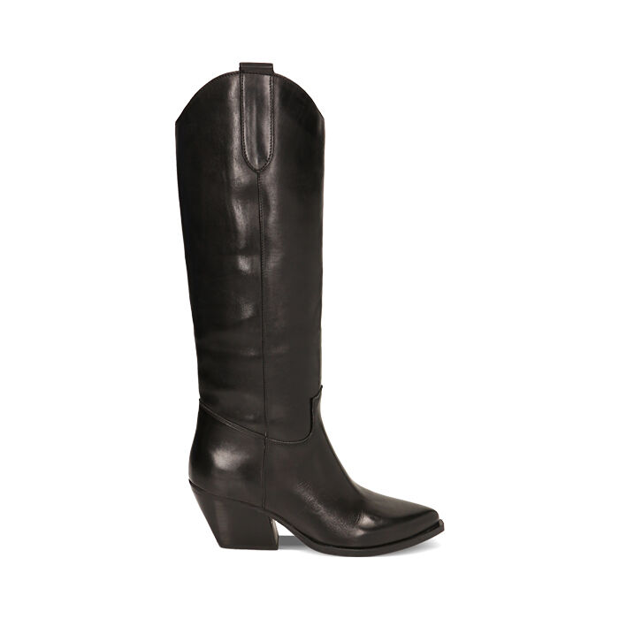 Stivali texani neri in pelle, tacco 7,4 cm, Primadonna, 22B805008PENERO035