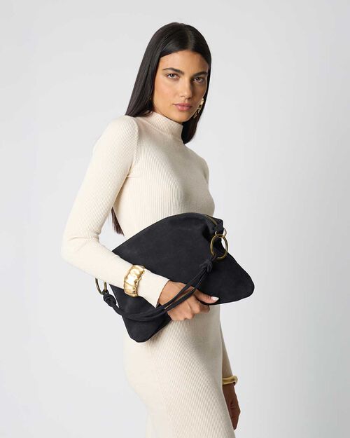 Borsa a spalla nera in camoscio, BLACK