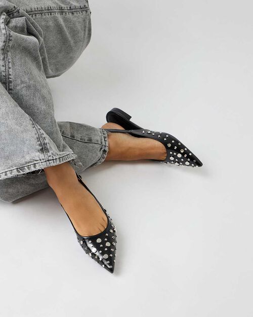 Ballerine &agrave; bride arri&egrave;re noire avec clous brillants, BLACK