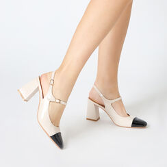 Décolleté slingback donna beige-nere in vernice, tacco largo 7,5 cm, Primadonna, 254943780VEBENE035, 002 preview