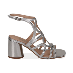 Sandali cage argento in laminato, tacco 8 cm,