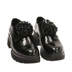 Zapatos negros de cordones con estampado de cocodrilo, tacón de 5,5 cm., Primadonna, 200685981CCNERO036, 002a