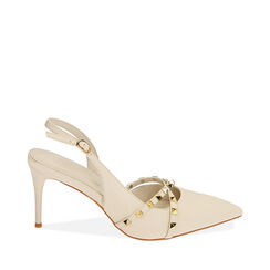 Décolleté slingback borchiate panna, tacco 8 cm, Primadonna, 212185104EPPANN037, 001a