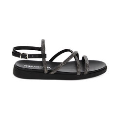 Sandales plates noires en tissu avec pierres, Primadonna, 232734210ETNERO036, 001 preview