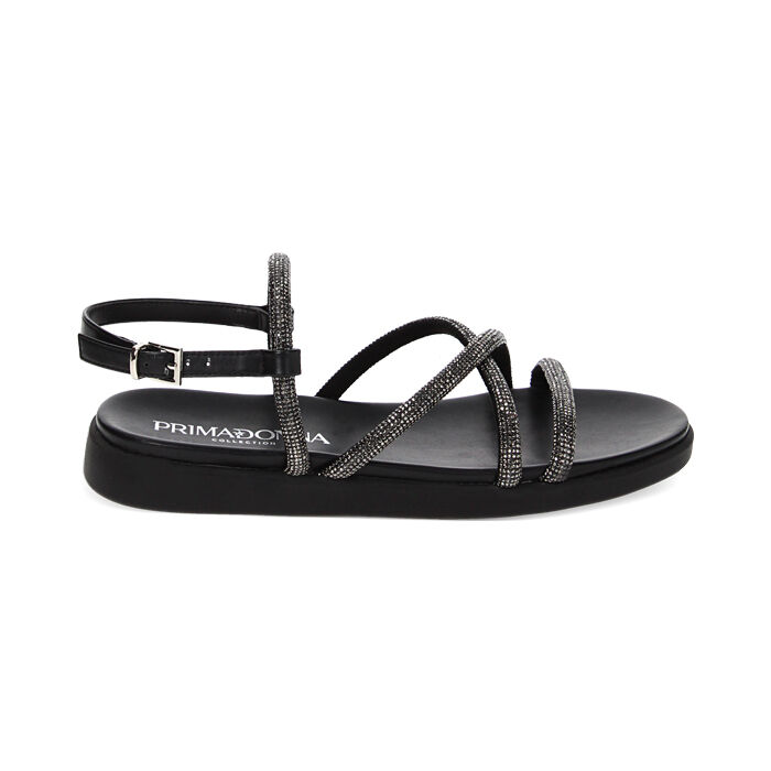Sandales plates noires en tissu avec pierres, Primadonna, 232734210ETNERO036