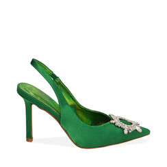 Zapatos destalonados verde en raso, tacón 10 cm, REBAJAS, 192139020RSVERD037, 001a