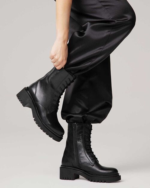 Black leather combat boot with 5.7 cm heel, BLACK