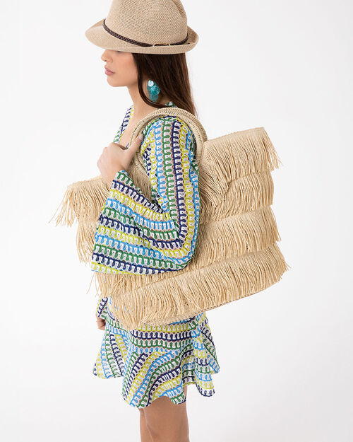 Borsa mare con frange beige, BEIGE