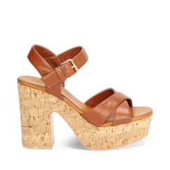 Sandalo donna con plateau in sughero cognac, Primadonna, 254934301EPCOGN035, 001a