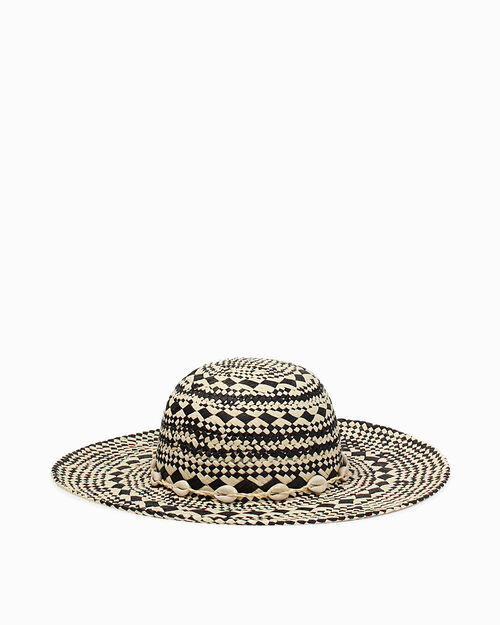 Cappello da donna in paglia intrecciata bianco-nero, 