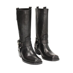 Biker neri in pelle lavata con accessorio sulla tomaia, Primadonna, 261044004PANERO036, 002a