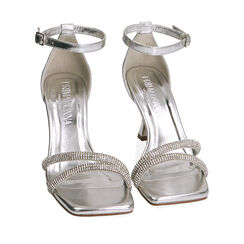 Sandali argento in laminato con pietre, tacco 7,5 cm, Ultime occasioni, 234923401LPARGE036, 002a