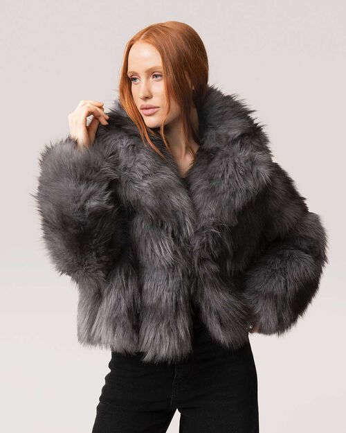 Chaqueta de pelo sint&eacute;tico gris elegante, GREY