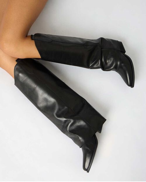 Bota de piel negra con tac&oacute;n de 7,2 cm, BLACK