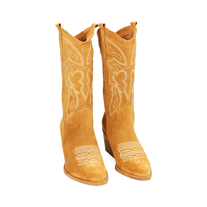 Stivali donna texani cognac in camoscio tacco 7 cm Primadonna Collection