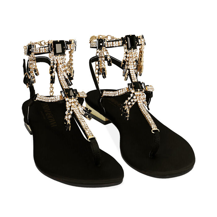 Sandali donna infradito gioiello neri in raso Primadonna Collection