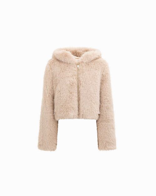 Giacca corta beige in pelo sintetico, BEIGE
