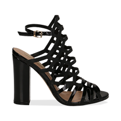 Sandali neri in vernice con motivi geometrici, tacco 10,5 cm ,