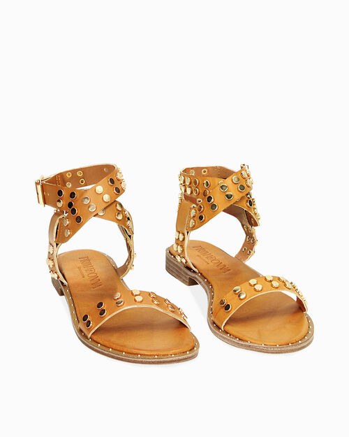 Sandali bassi cognac con borchie, COGNAC