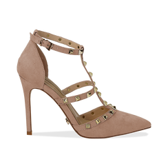 Décolleté nude in microfibra con cinturino a T borchiato, tacco 10,5 cm ,