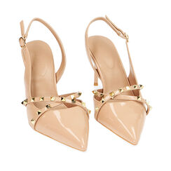 Décolleté slingback borchiate nude in vernice, tacco 8 cm, Primadonna, 212185104VENUDE036, 002a
