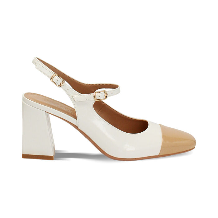 Décolleté slingback donna bianche-camel in vernice, tacco largo 7,5 cm, Primadonna, 254943780VEBICA035