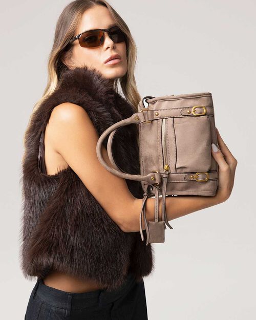Mini bag taupe con dettagli dorati, TAUPE