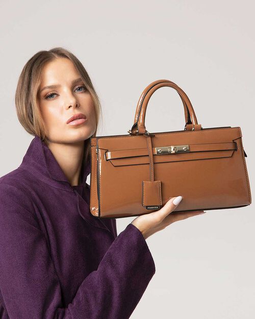 Bolso de mano camel con detalles dorados, CAMEL