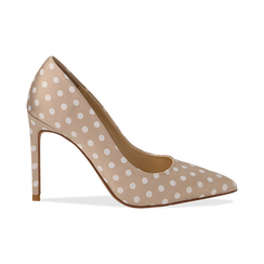 Décolleté nude in raso a pois bianchi, tacco 10,5 cm,