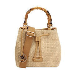 Borsa a mano donna beige in raffia con manico in osso, Primadonna, 255700534RFBEIGUNI, 001a
