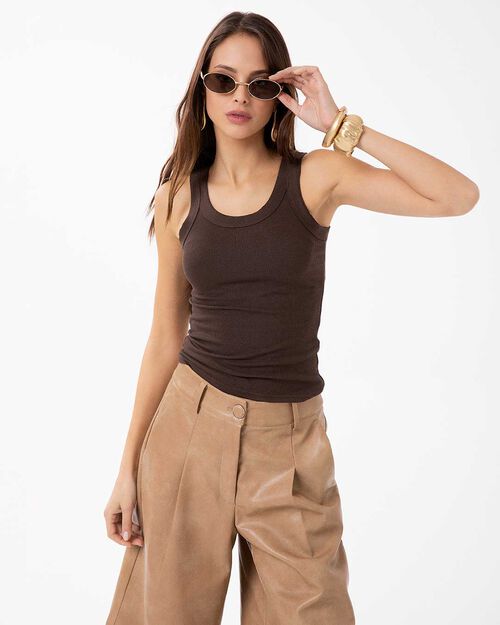 Camiseta sin mangas marr&oacute;n oscuro con detalles chic, DK BROWN