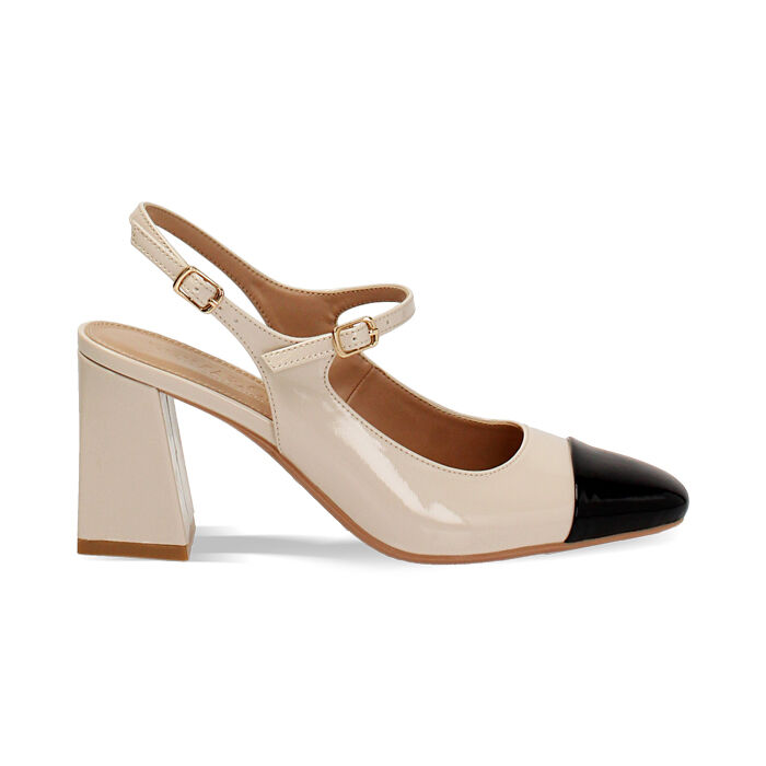 D&eacute;collet&eacute; slingback donna beige-nere in vernice, tacco largo 7,5 cm, Primadonna, 254943780VEBENE035