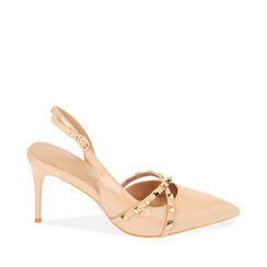 Décolleté slingback borchiate nude in vernice, tacco 8 cm, Primadonna, 212185104VENUDE036, 001a