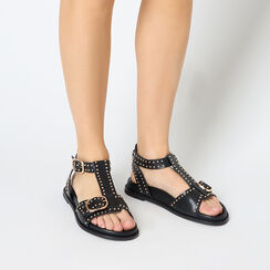 Sandales plates femme noires en cuir, Primadonna, 25N151008PENERO036, 002a