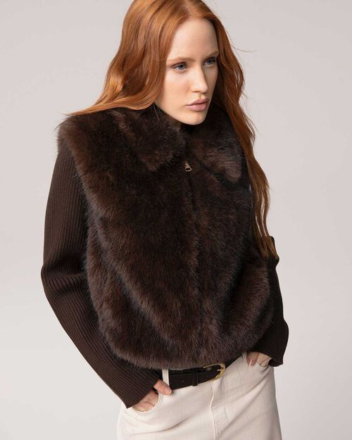 Chaqueta de pelo sint&eacute;tico marr&oacute;n oscuro con cremallera, DK BROWN