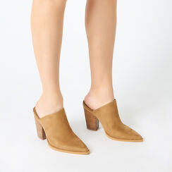 Sabot donna cognac in microfibra, tacco largo 9,5 cm, Scarpe, 253086318MFCOGN035, 002a