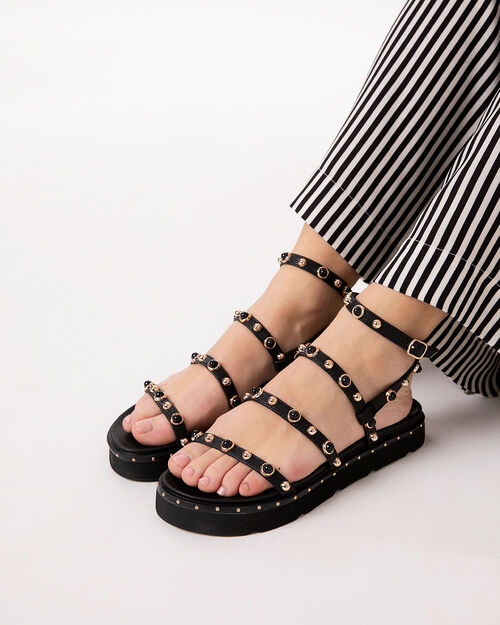 Sandali bassi neri con borchie, BLACK