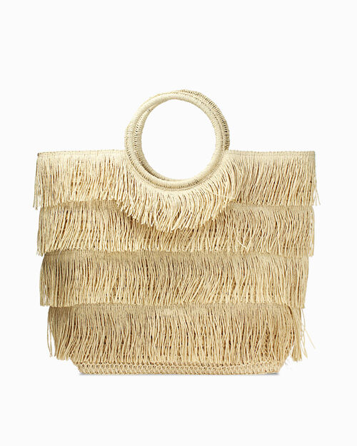 Borsa mare con frange beige, BEIGE