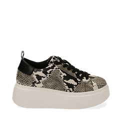 Sneakers bianco/nere stampa pitone, zeppa 6,50 cm, Primadonna, 167505101PTBINE035, 001a